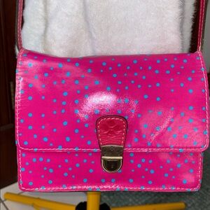Patricia Nash Crossbody Bag smooth leather pink/light blue polkadot suede inside